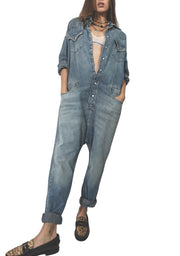 R13 Cowboy Drop Women Jumpsuit XS Dekalb Blue Faded Distress Oversized RRP€1699