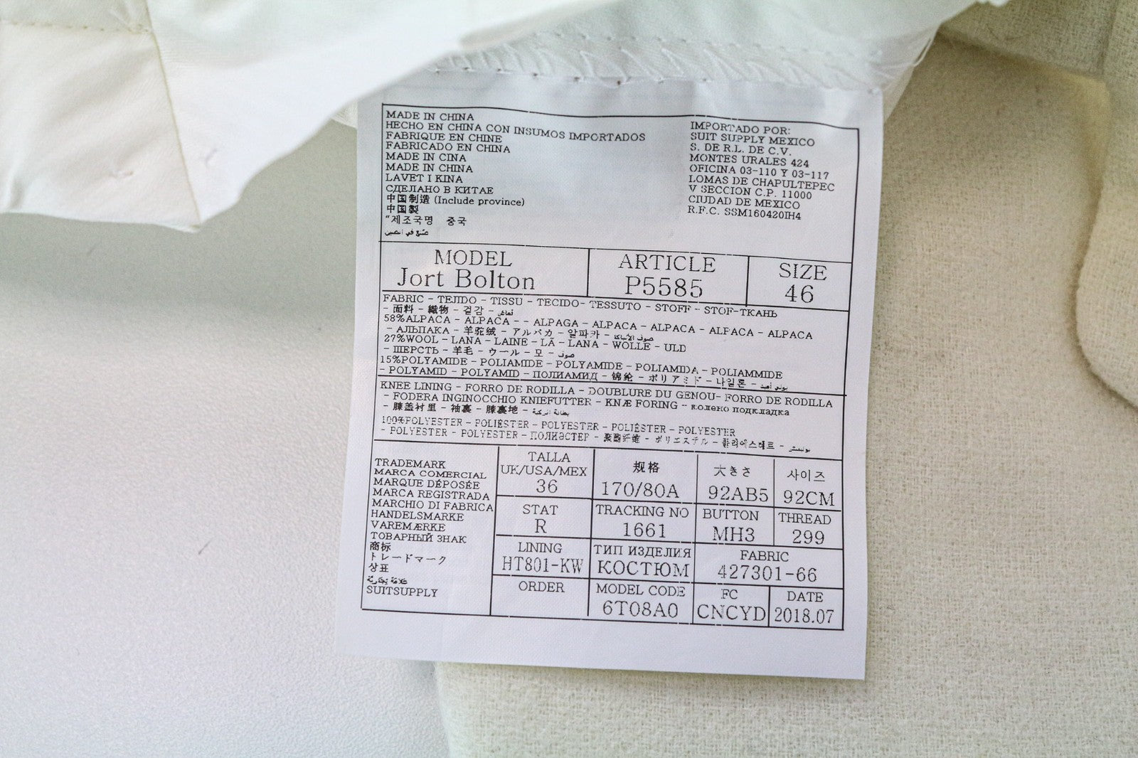 SUITSUPPLY Jort Men's UK38R Off-White Alpaca Wool Suit 2-Piece Slim Half-Lined