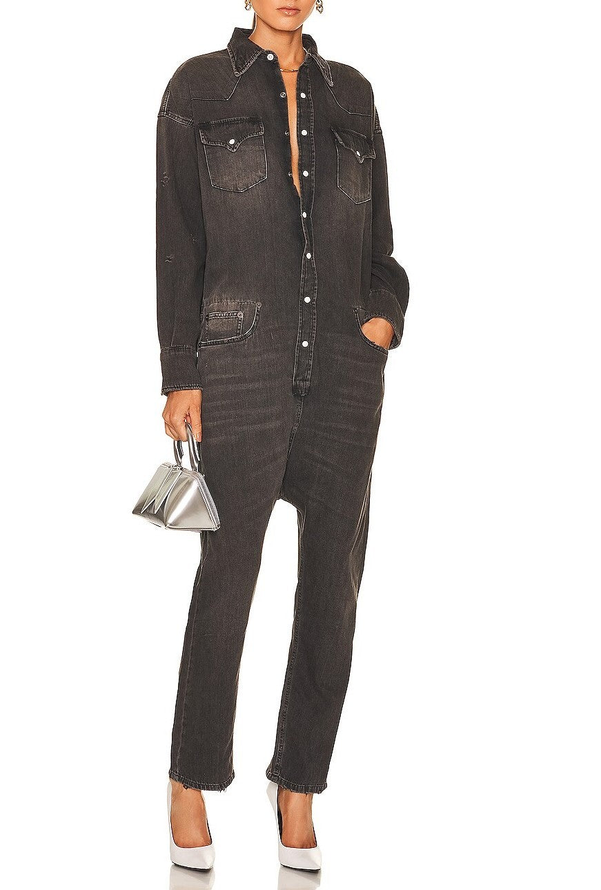 R13 Cowboy Drop Women Jumpsuit M Elmore Black Faded Distress Oversized RRP€1699