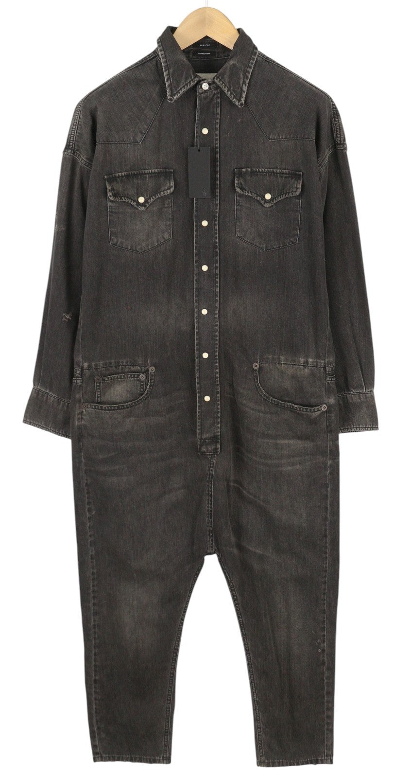 R13 Cowboy Drop Women Jumpsuit M Elmore Black Faded Distress Oversized RRP€1699