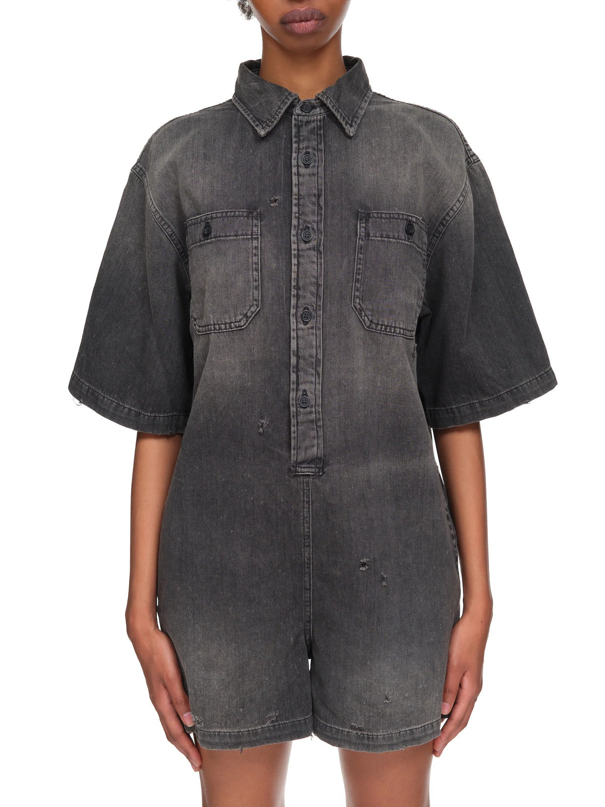 R13 Freddy Cowboy Shirt Women Romper M Elmore Black Tex Distress Faded RRP€799