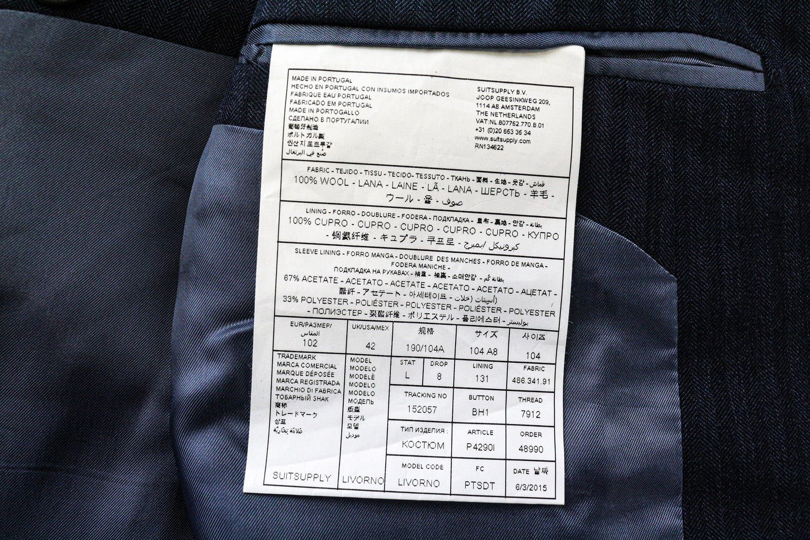 SUITSUPPLY Livorno Men's UK42L Blue Slim Herringbone Wool Blazer Classic Lined