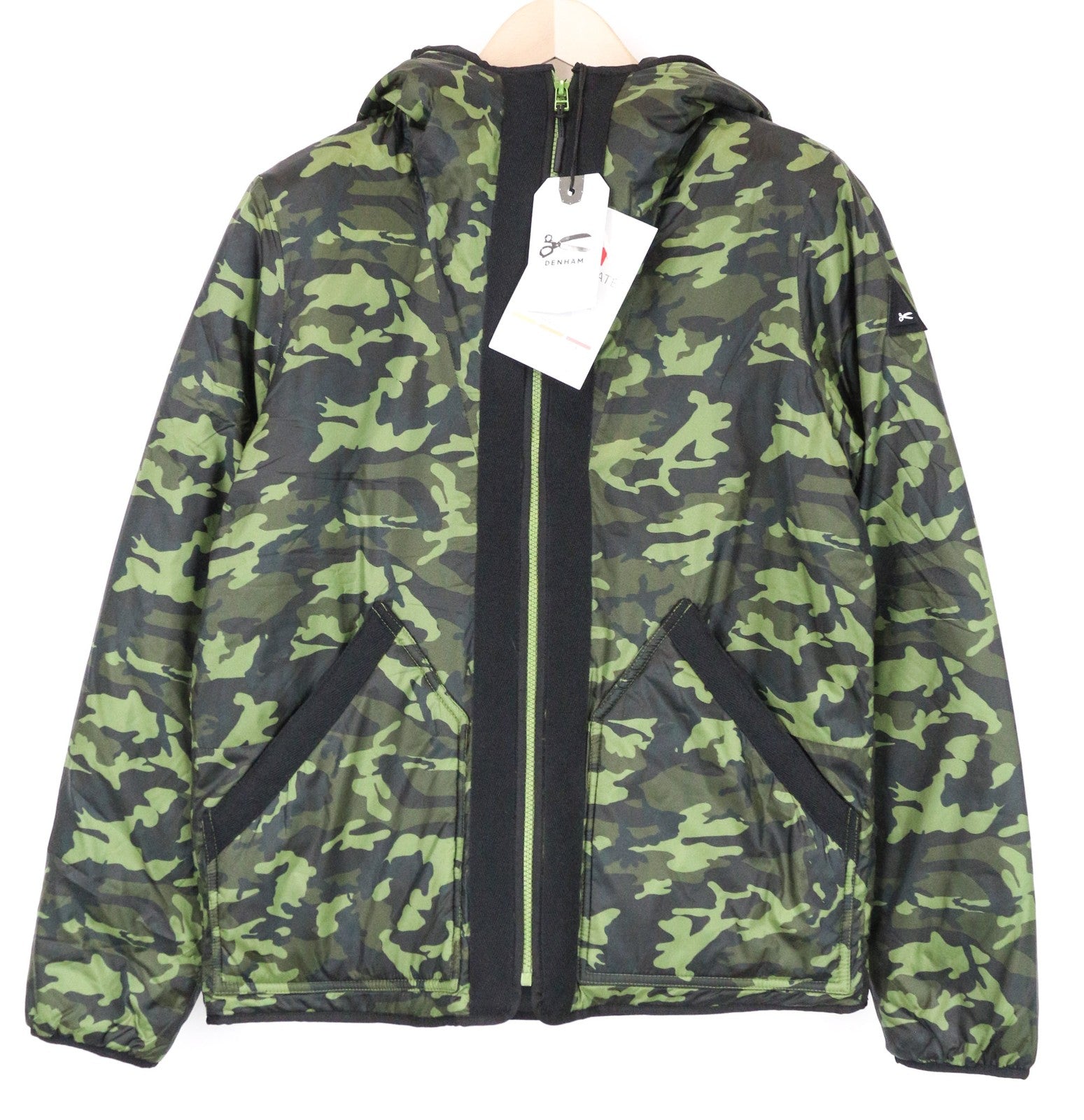 DENHAM Men's M Green Hooded Jacket Lined Military Camouflage Long Sleeve
