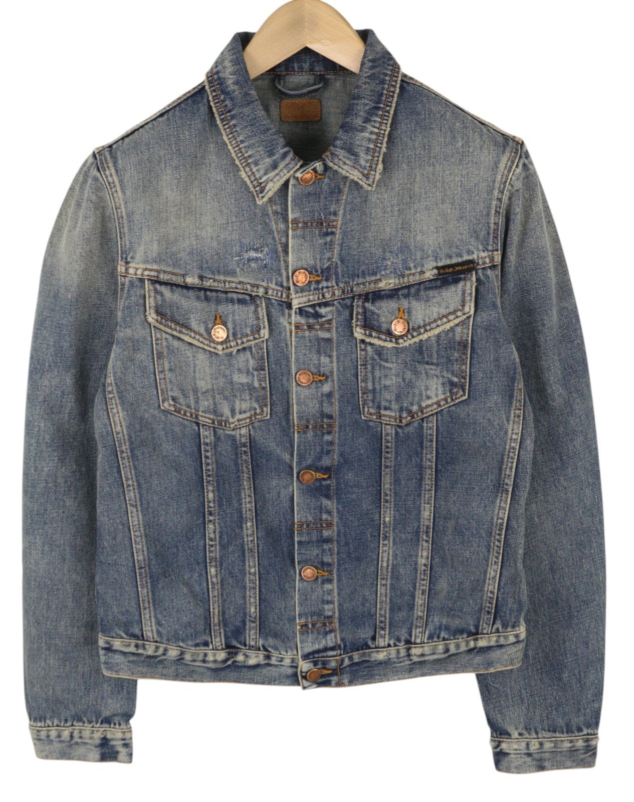 NUDIE JEANS Billy Men Jacket M Shimmering Indigo Button-Up Distress Denim Blue