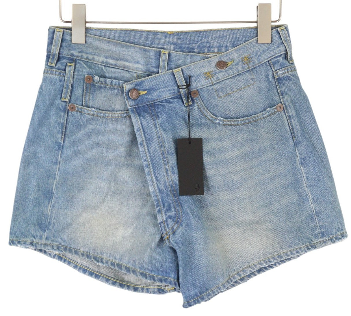 R13 Cross Over Women Shorts 26 Faded Denim Blue Asymmetrical Distress RRP€599