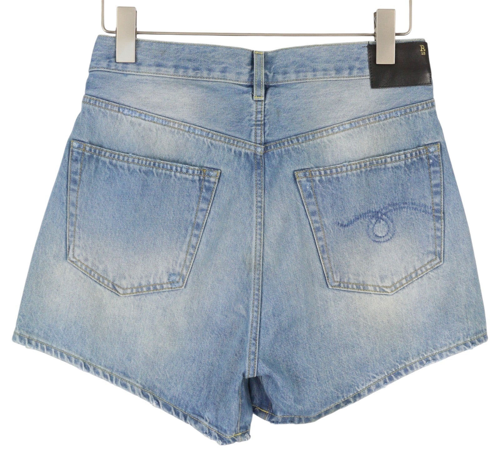 R13 Cross Over Women Shorts 26 Faded Denim Blue Asymmetrical Distress RRP€599