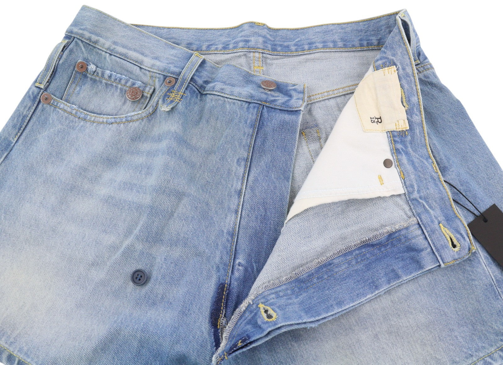 R13 Cross Over Women Shorts 26 Faded Denim Blue Asymmetrical Distress RRP€599