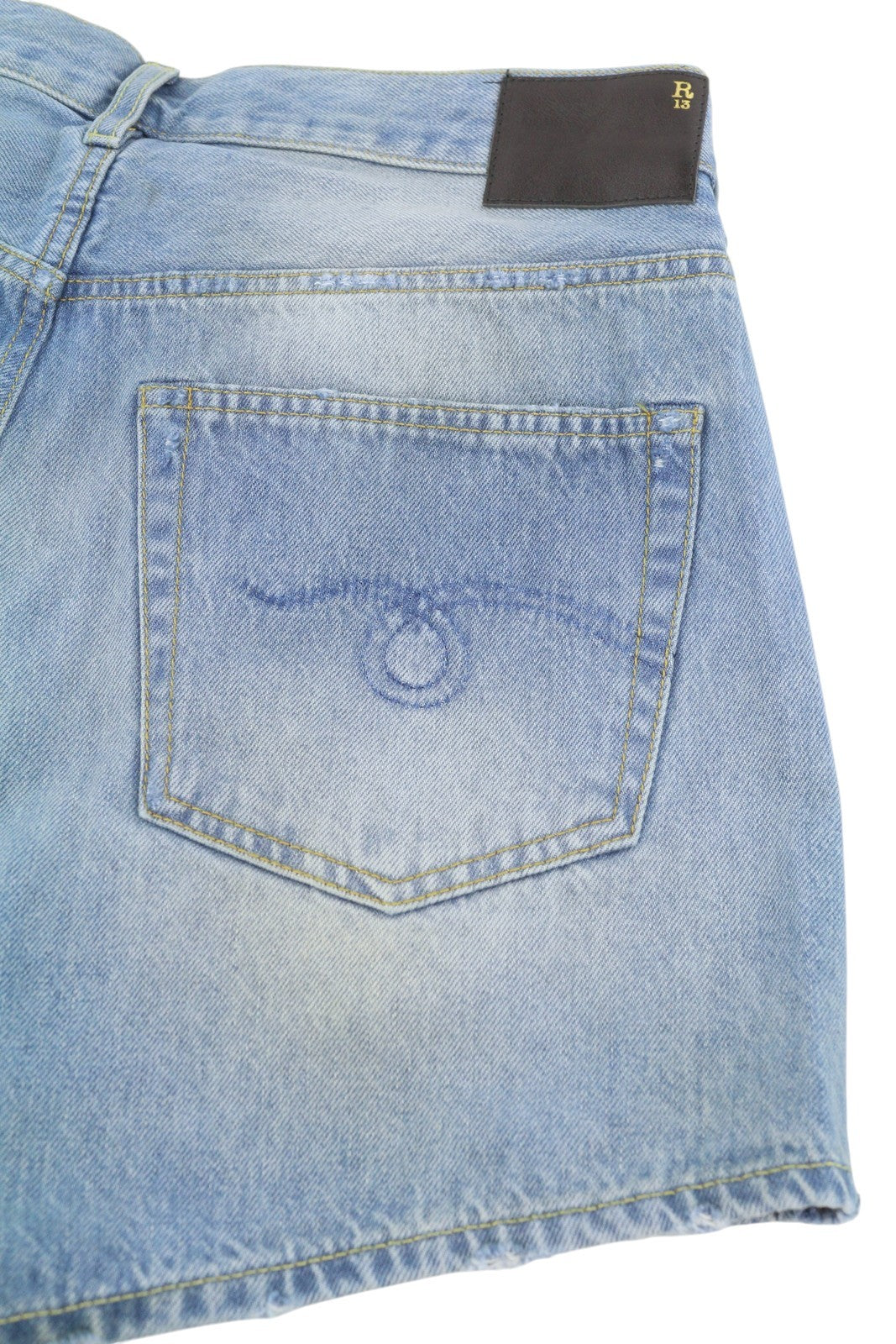 R13 Cross Over Women Shorts 26 Faded Denim Blue Asymmetrical Distress RRP€599