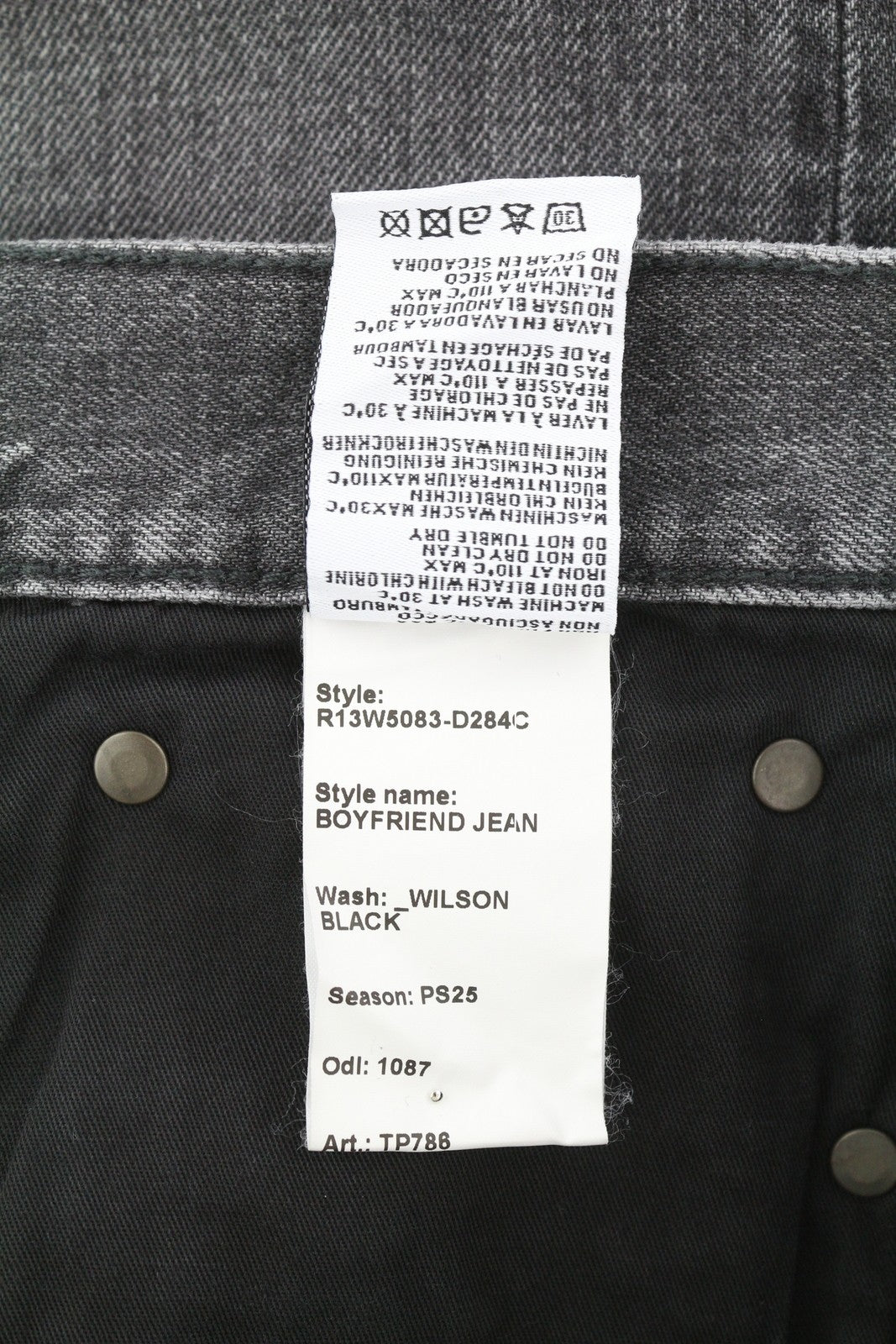 R13 Boyfriend Women Jeans 26 Wilson Black Faded Washed Ankle Length SS25