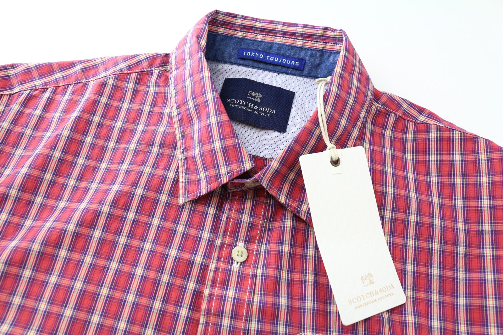 SCOTCH & SODA Men's M Red Plaid Cotton Check Shirt Melange Button Up Classic