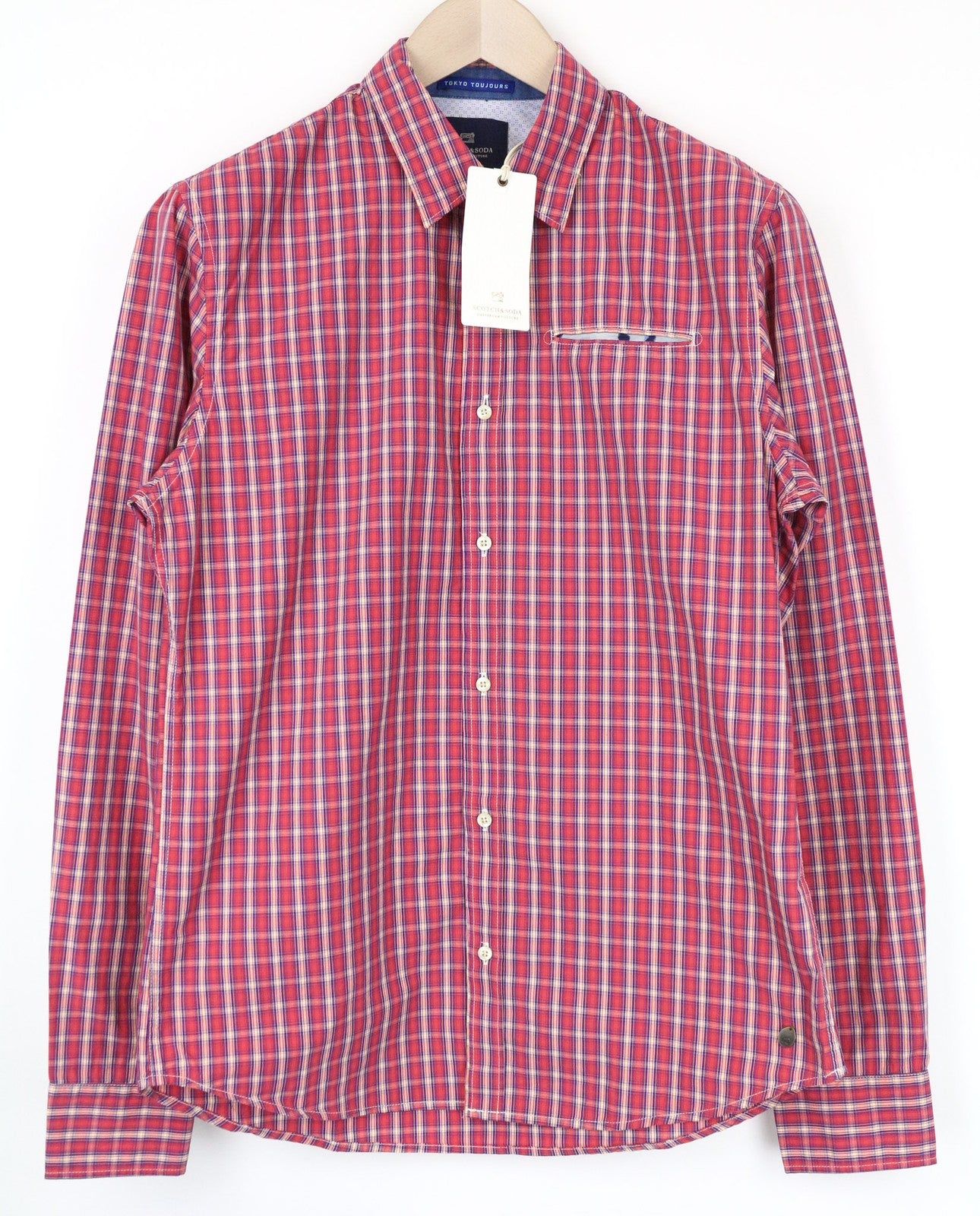SCOTCH & SODA Men's M Red Plaid Cotton Check Shirt Melange Button Up Classic