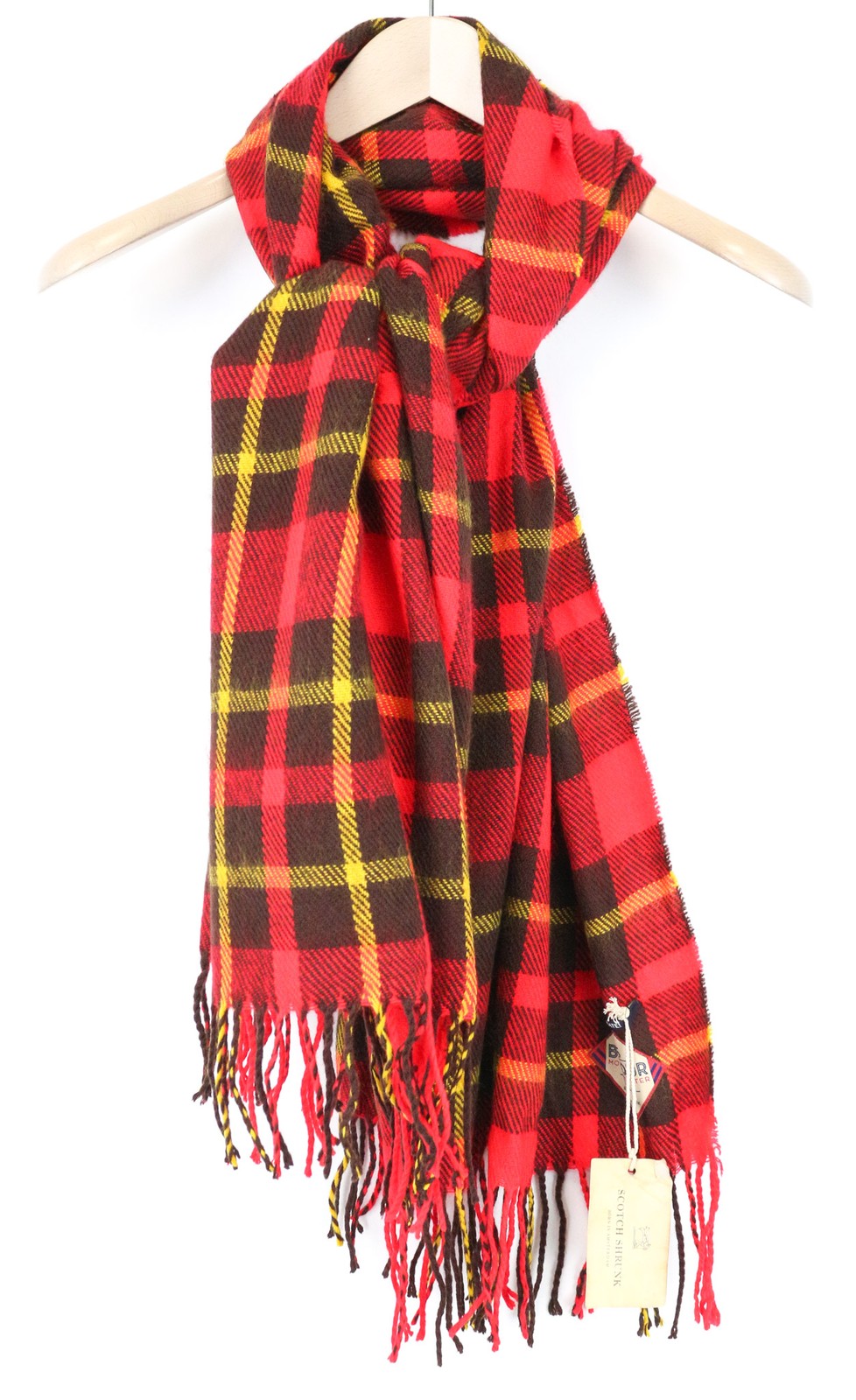 SCOTCH SHRUNK Boys OS Red Yellow Check Scarf with Tassel Fringe