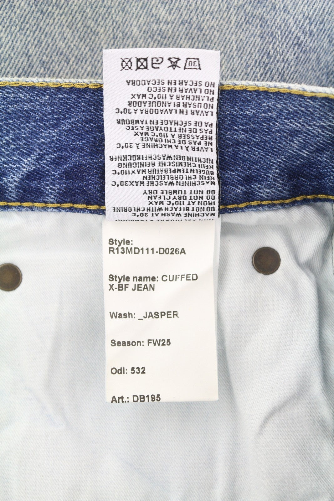 R13 Cuffed X-BF Men Jeans 33 Jasper Ankle Length Zip Fly Washed Faded SS25 Blue