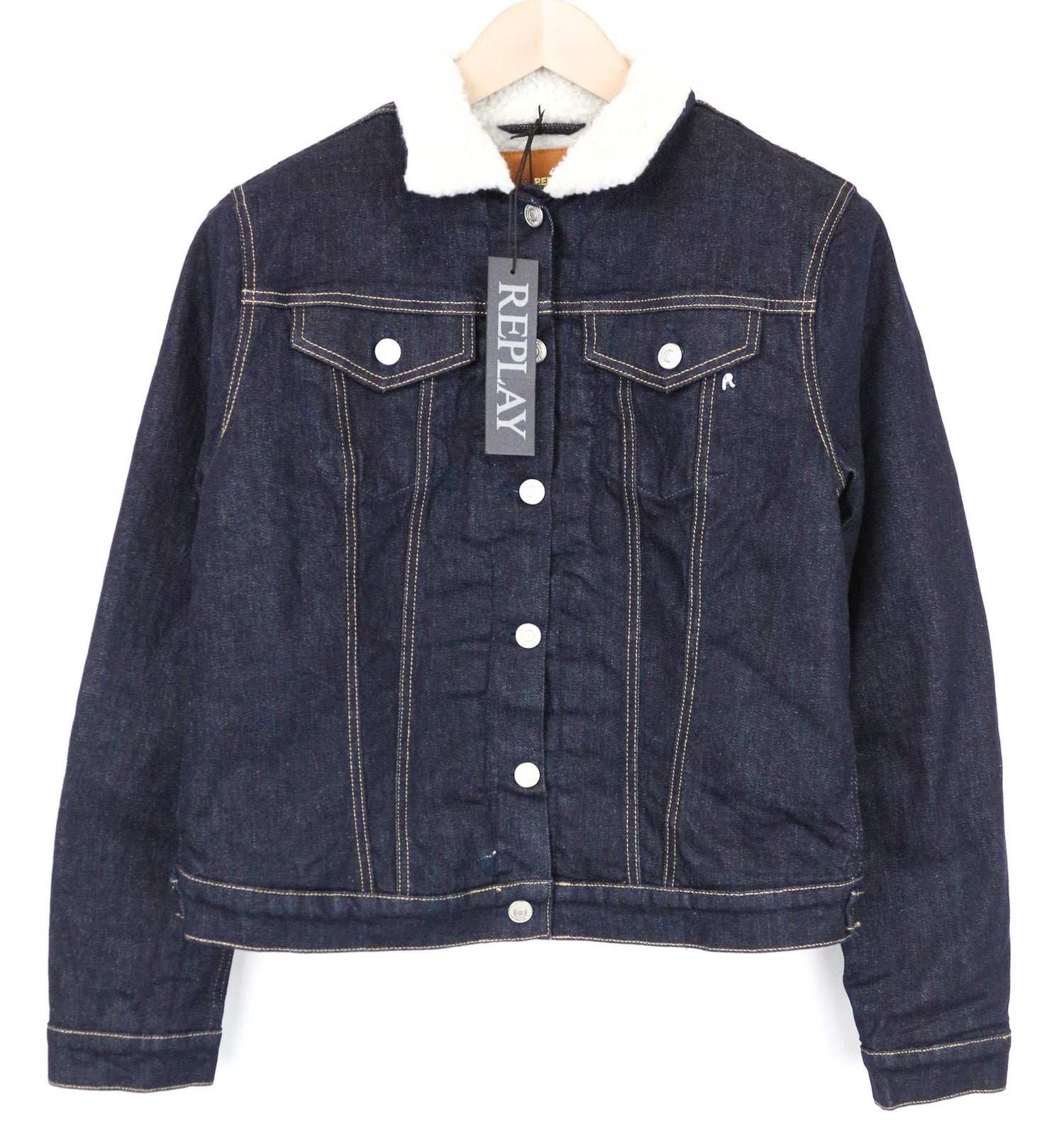 REPLAY Women's L Blue Denim Jacket Cotton Stretch Cropped Single-Breasted