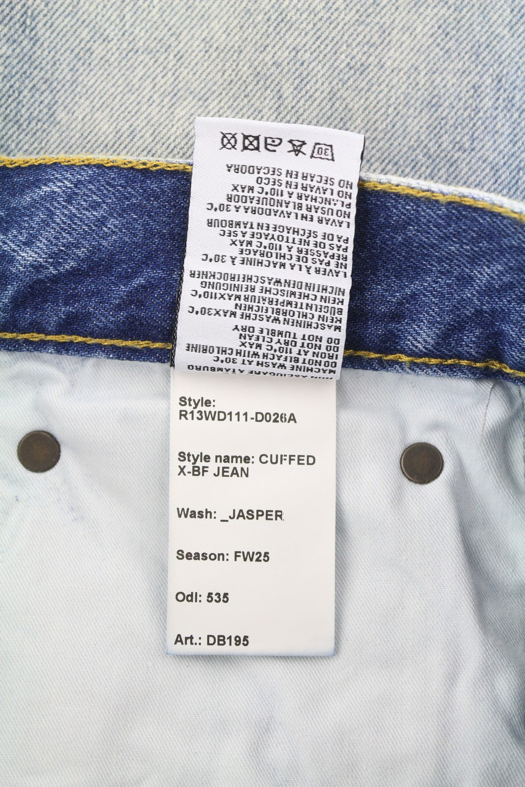 R13 Cuffed X-BF Women Jeans 23 Jasper Ankle Zip Fly Washed Faded SS25 Blue