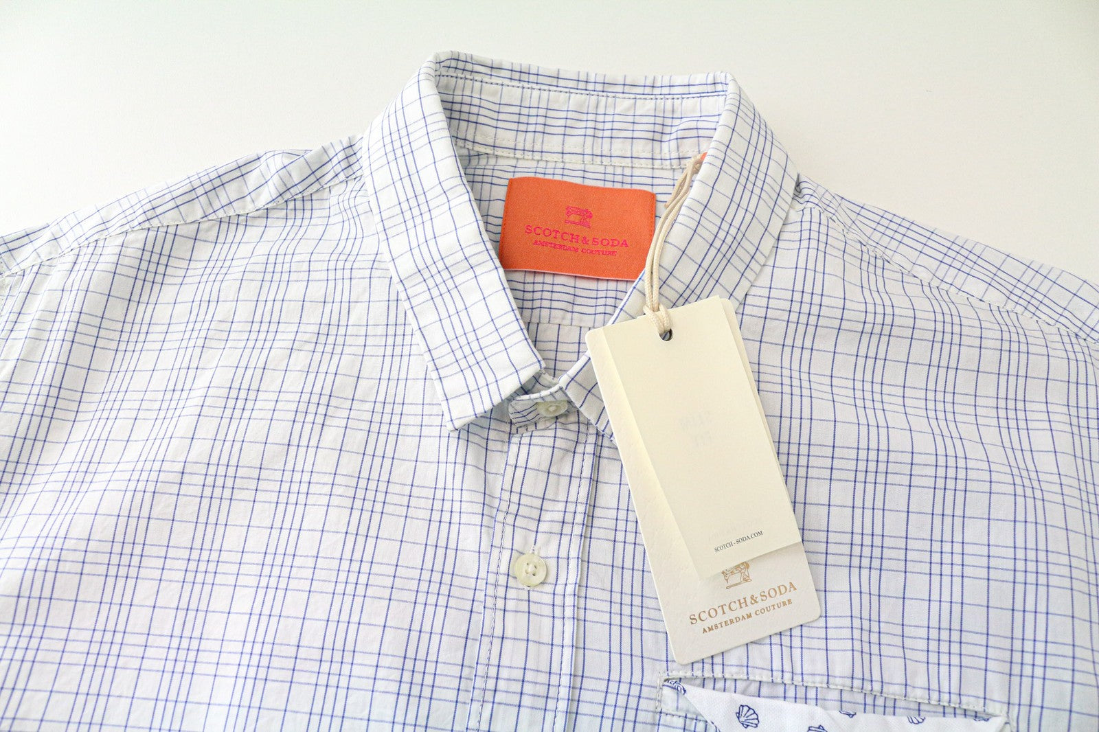 SCOTCH & SODA Men's M Light Blue Check Cotton Shirt Melange Slim Button Up