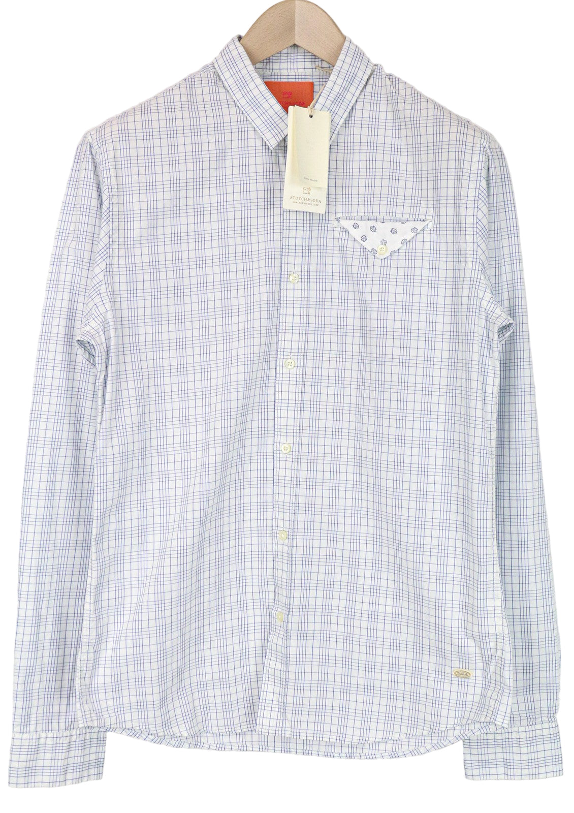 SCOTCH & SODA Men's M Light Blue Check Cotton Shirt Melange Slim Button Up