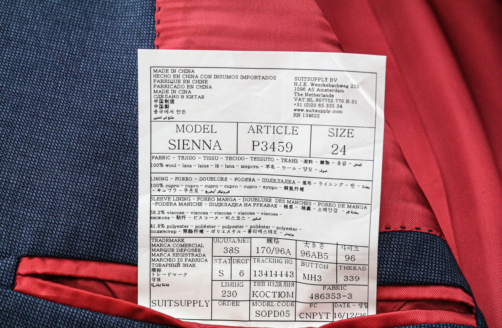 SUITSUPPLY Sienna Men's UK38S Blue Birdseye Check Wool Blazer Formal Classic