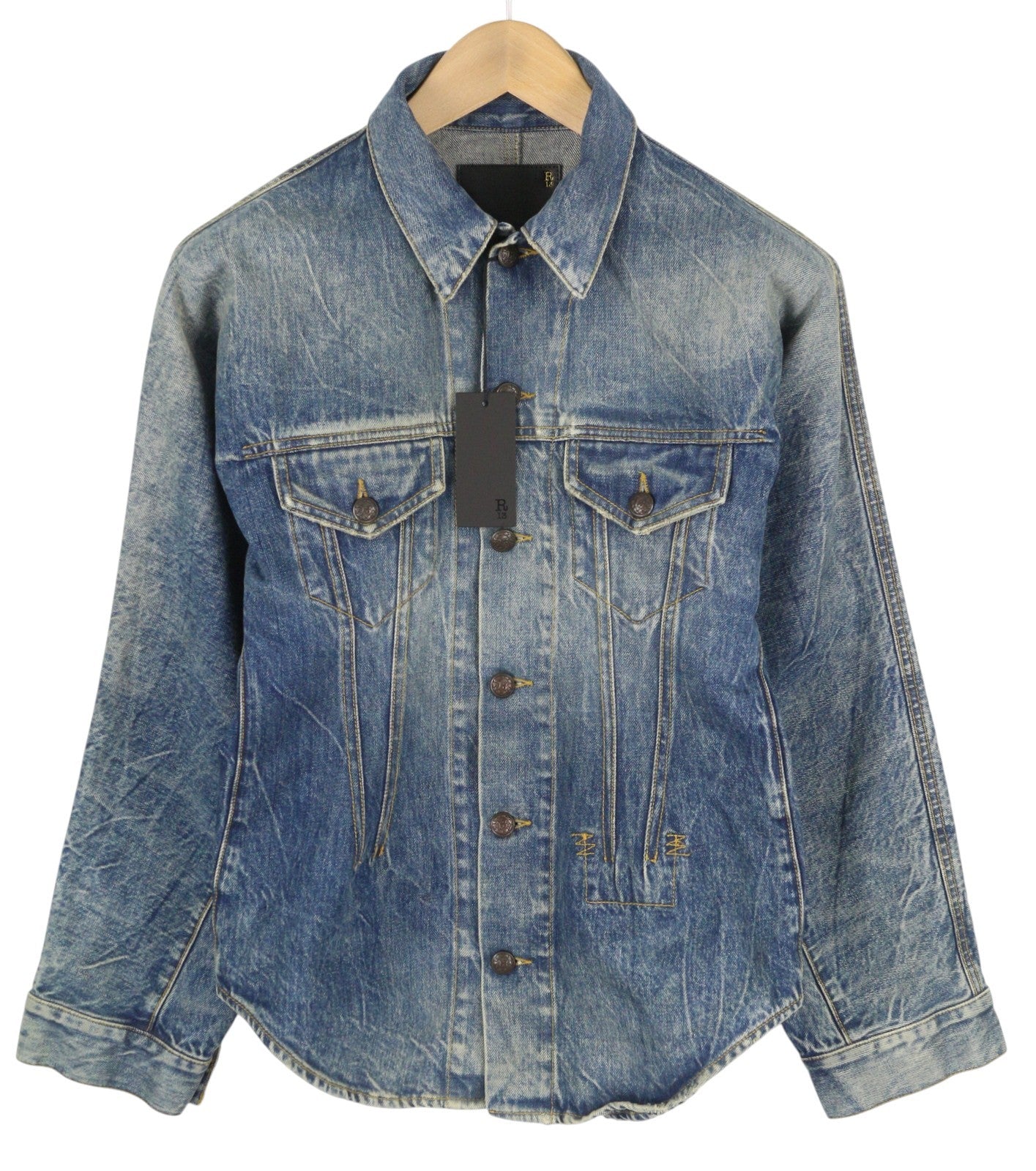R13 Raglan Trucker Shirt Women Jacket M Kelly Tex Button-Up Faded Washed Denim