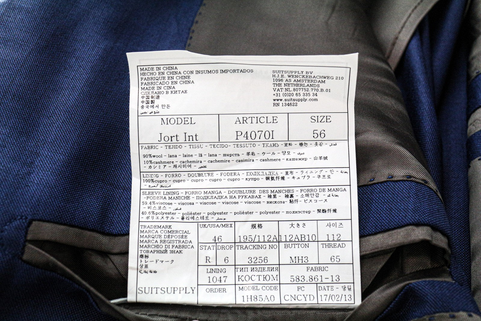 „SUITSUPPLY Jort“ vyriškas mėlynas ryklio odos vilnos kašmyro švarkas su pamušalu, plonas, UK46R 