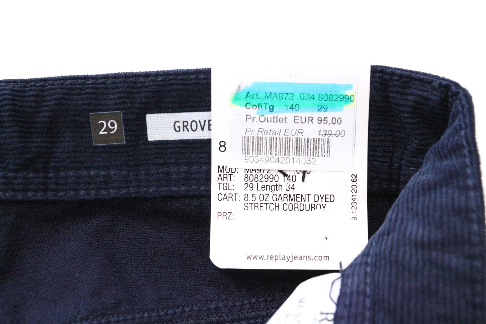 REPLAY Grover Men's W29/L34 Blue Corduroy Trousers Straight Cotton Stretch
