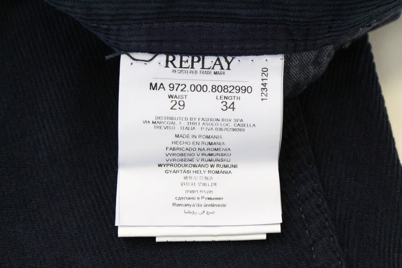 REPLAY Grover Men's W29/L34 Blue Corduroy Trousers Straight Cotton Stretch