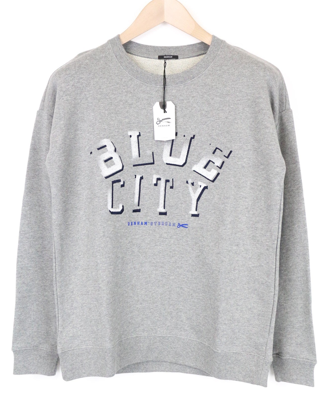 DENHAM Blue City Men's Sweatshirt XS Grey Melange Cotton Jersey Crew Neck