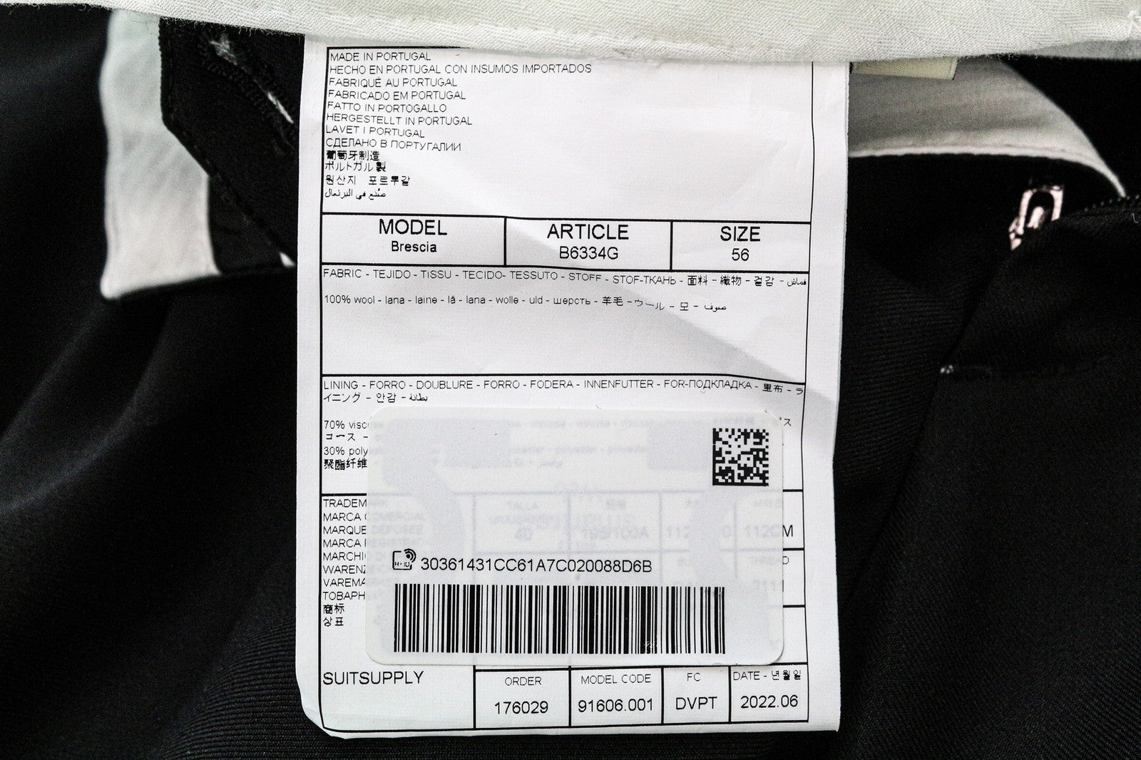 SUITSUPPLY Brescia Men's Pants UK40R Black Wool Twill Slim Tailored Fit