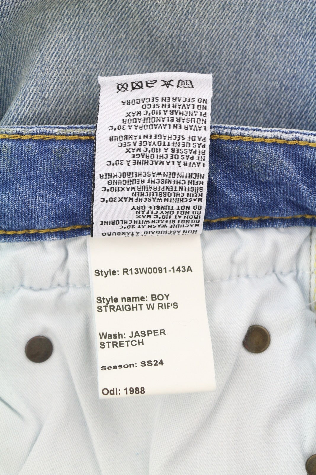 R13 berniukiški tiesūs, plėšyti moteriški džinsai, 27 dydžio, Jasper tamprūs, skalbti, išblukę. 