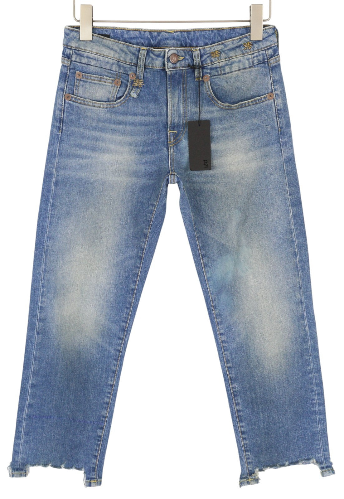 R13 berniukiški tiesūs, plėšyti moteriški džinsai, 27 dydžio, Jasper tamprūs, skalbti, išblukę. 
