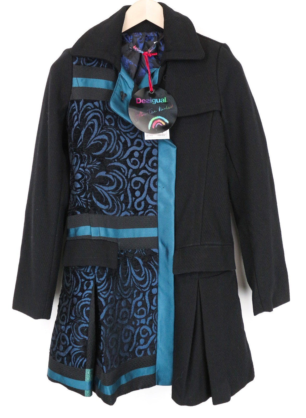 DESIGUAL Dreams Women's Coat ~38 Black Lined Patterned Pleated Single-Breast