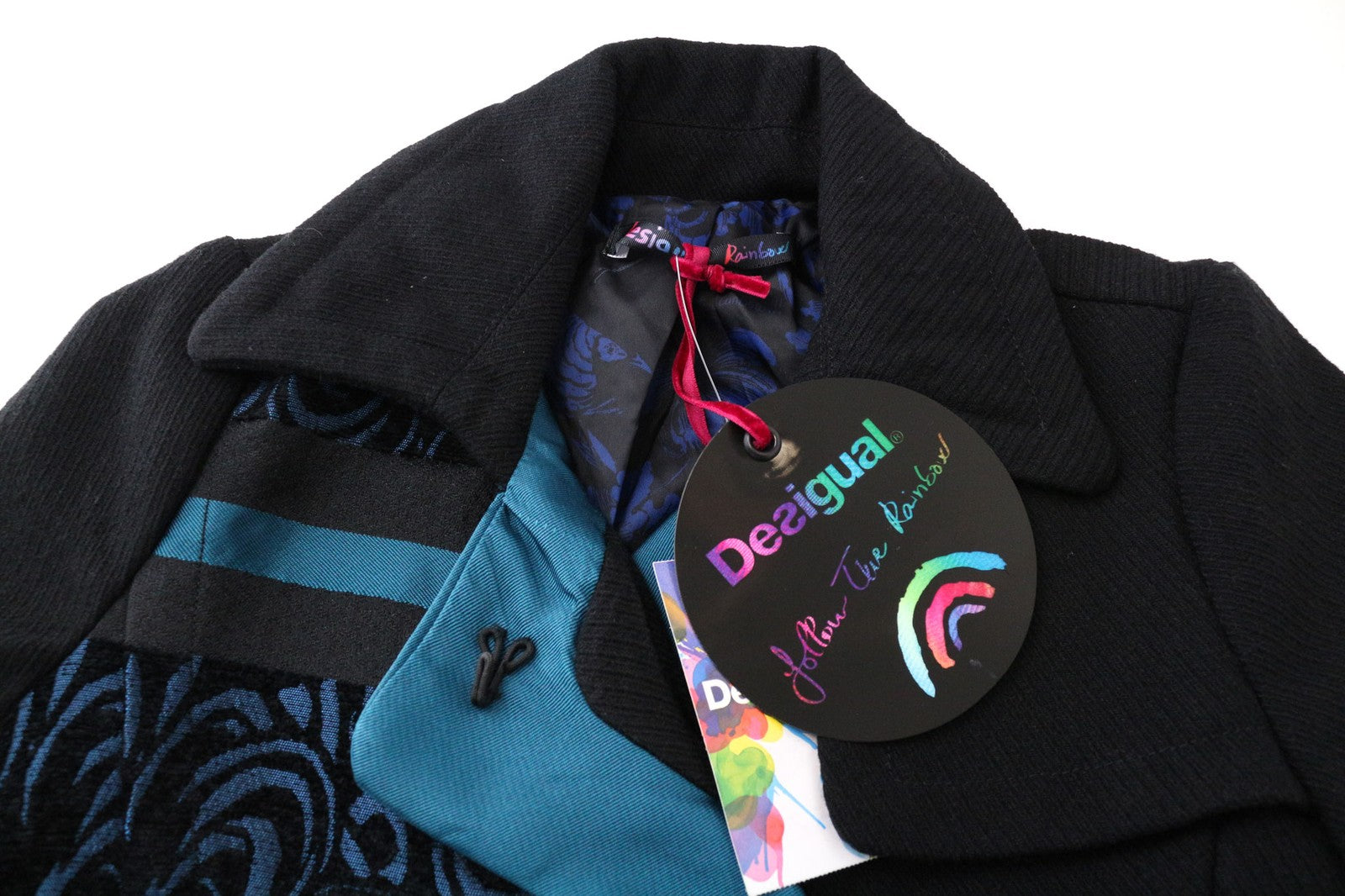DESIGUAL Dreams Women's Coat ~38 Black Lined Patterned Pleated Single-Breast