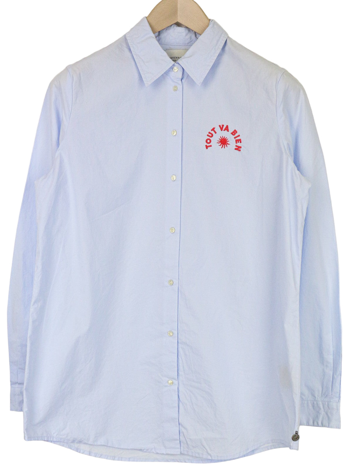 MAISON SCOTCH Women's Shirt M Light Blue Cotton Logo Formal Long Sleeve