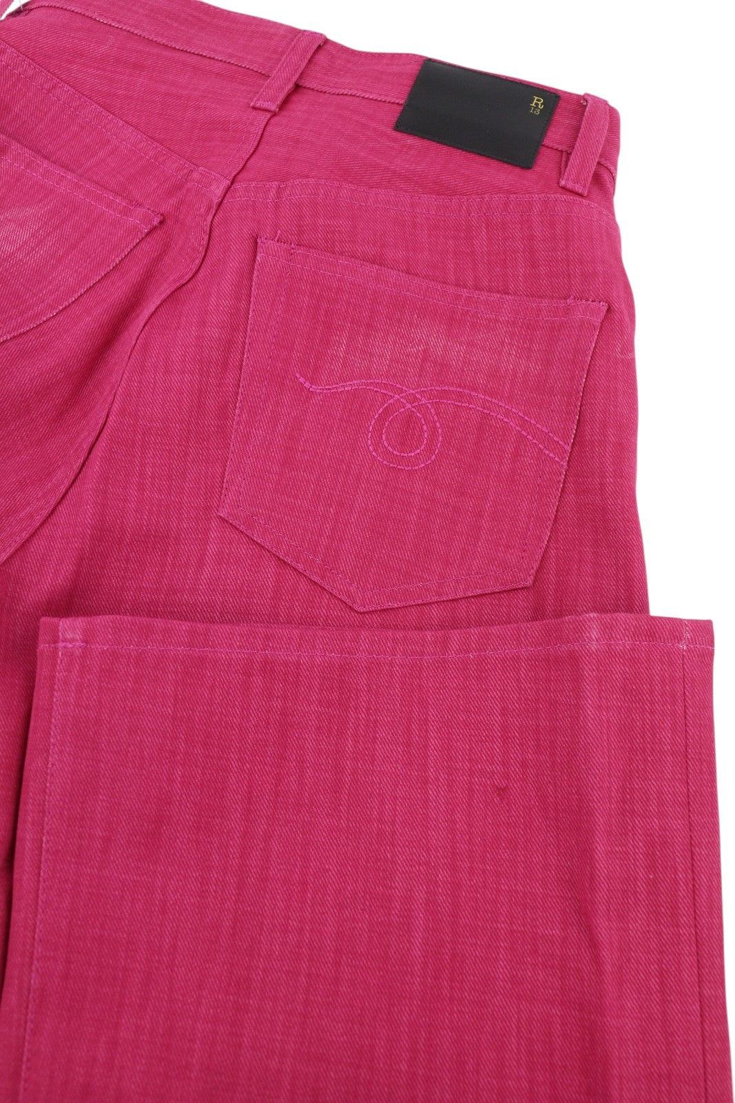 R13 Jane Women Jeans 27 Vivid Pink Faded Flared Leg High Waist Zip Fly Denim