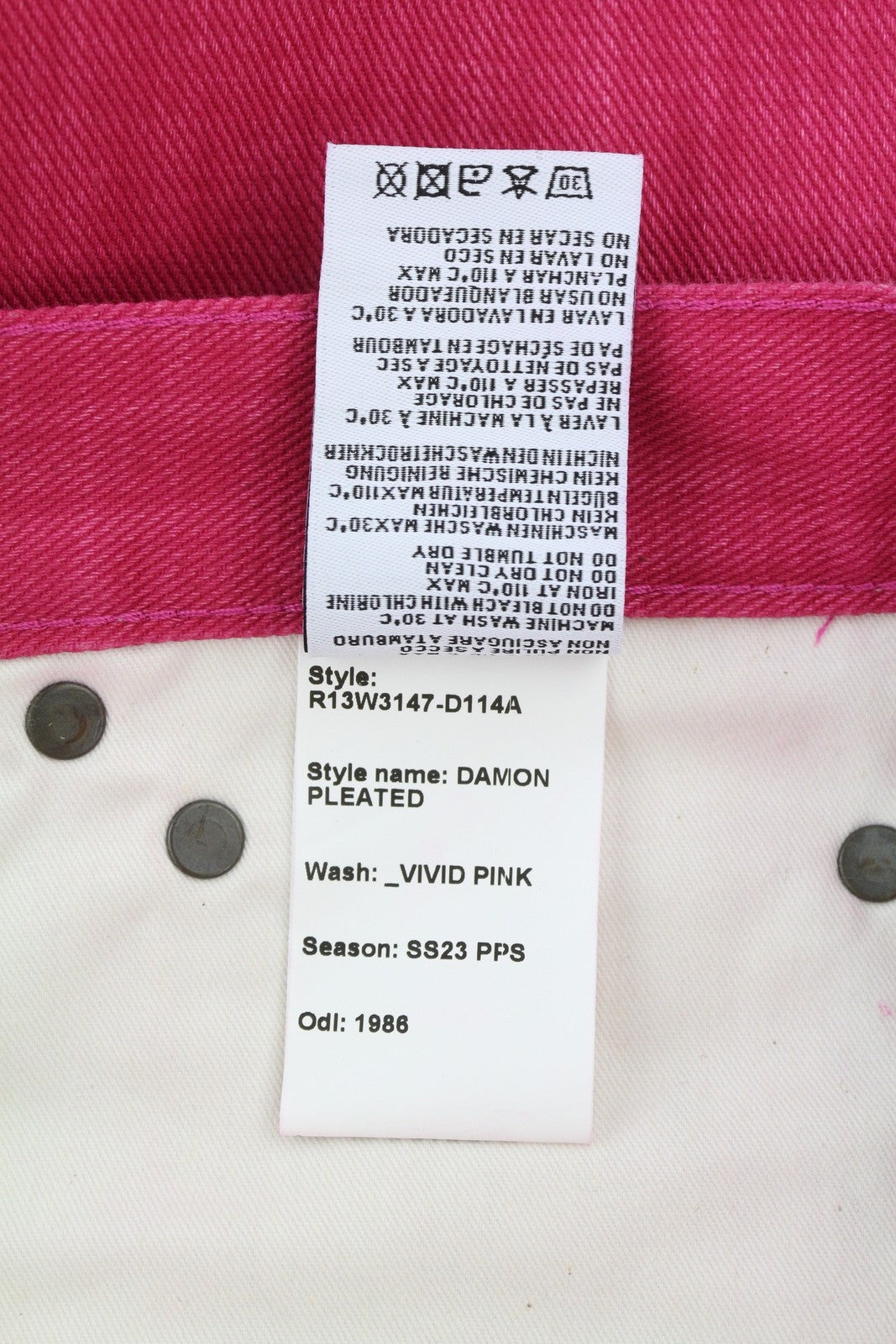 R13 Damon Pleated Women Jeans 27 Vivid Pink Wide Leg Zip Fly Five-Pockets Denim