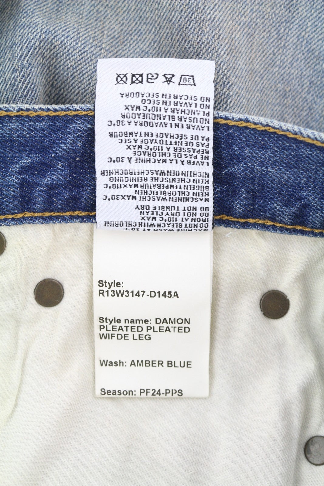 R13 Damon Pleated Wide Leg Women Jeans 27 Amber Blue Faded Dirty Look Denim