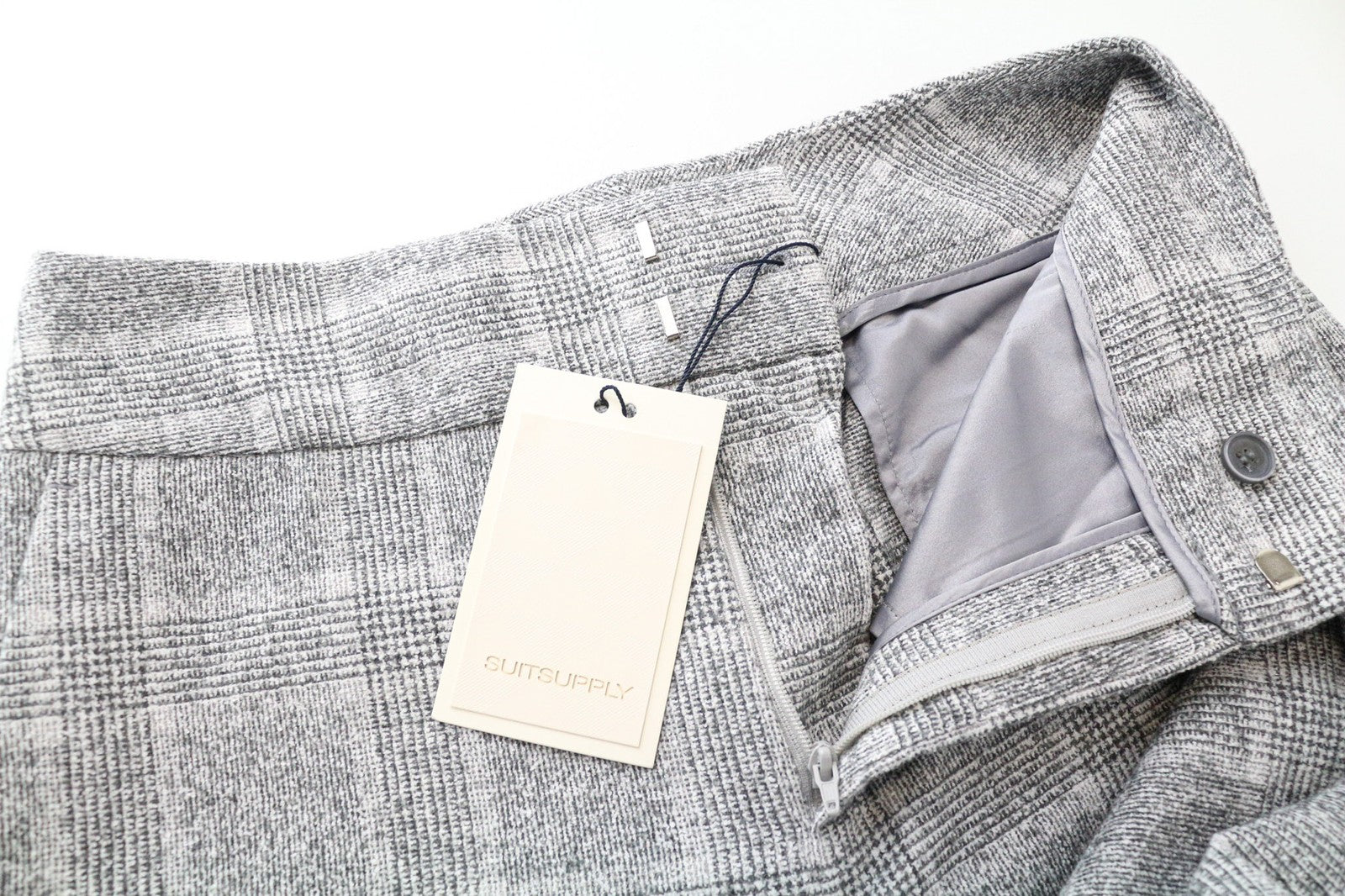 SUITSUPPLY Women's Trousers 34R Light Grey Glen Check Slim Flat Front Turn-Up