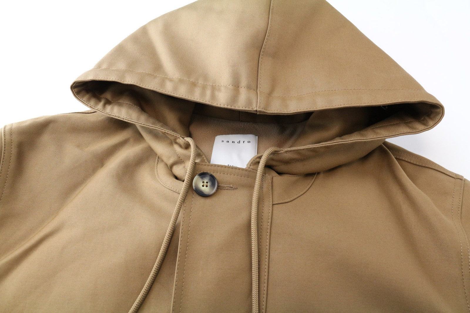 SANDRO Men's Jacket 2XL Light Brown Parka Hood Classic Zip Lined Pure Cotton