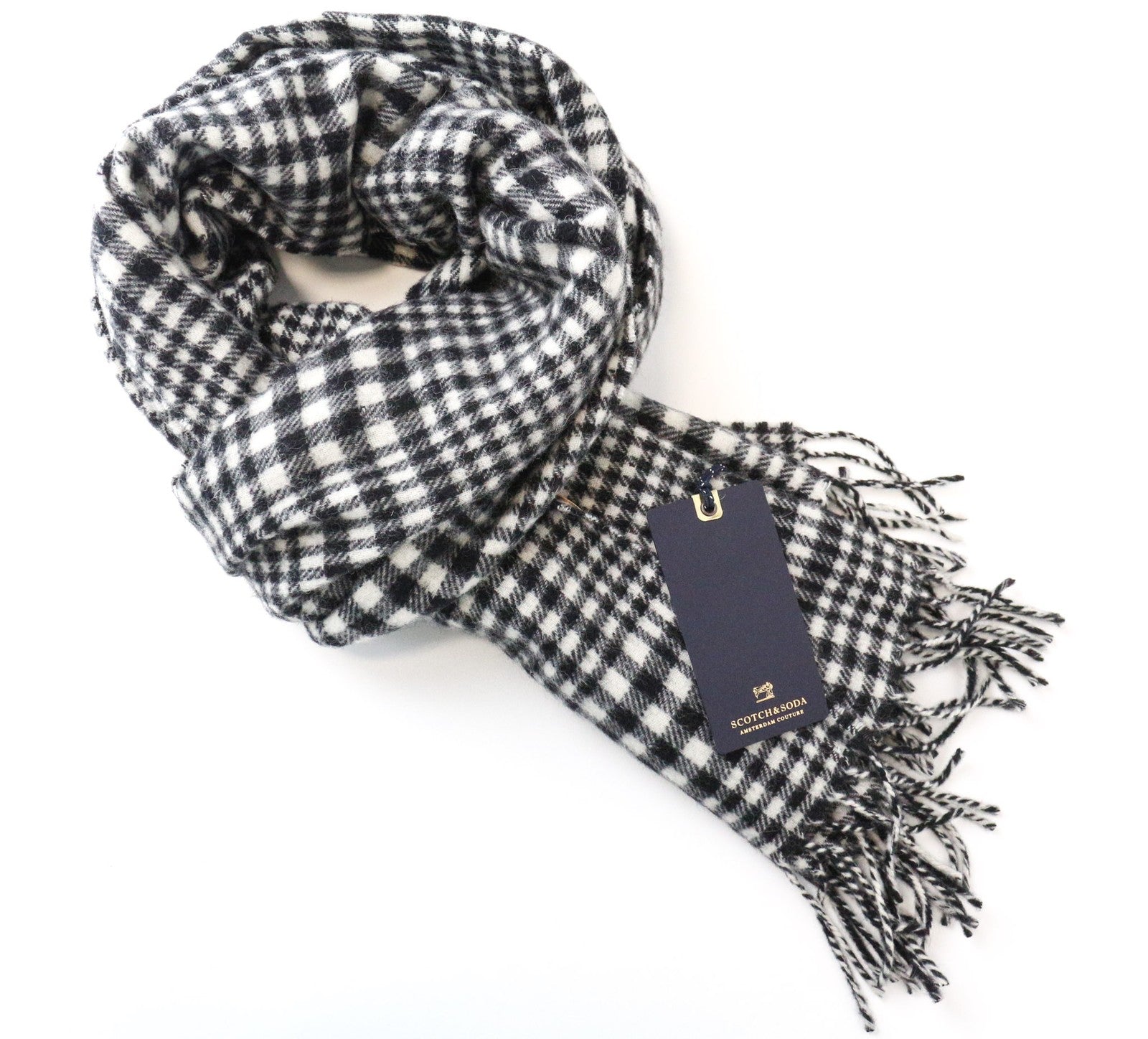 SCOTCH & SODA Men's Scarf One Size Grey Wool Blend Tartan Check Tassel Trim