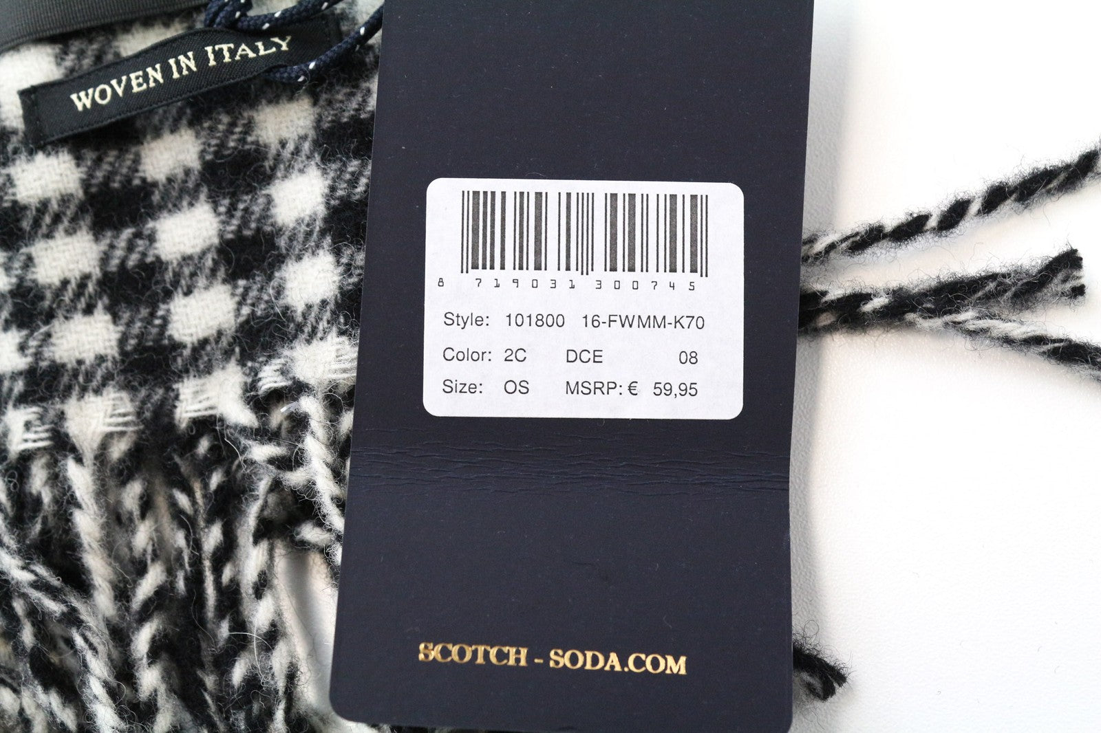 SCOTCH & SODA Men's Scarf One Size Grey Wool Blend Tartan Check Tassel Trim