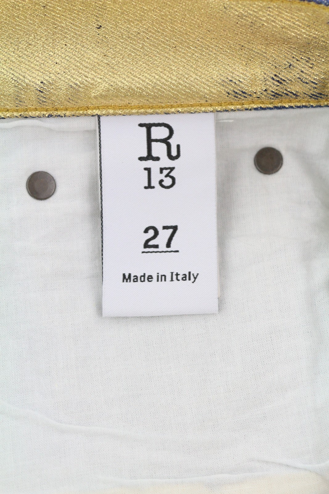 R13 Boyfriend Women Jeans 27 Gold Indigo Shiny Straight Fit Zip Fly Logo Denim