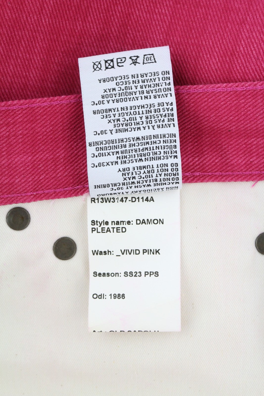 R13 Damon Pleated Women Jeans 26 Vivid Pink Wide Leg Zip Fly Five-Pockets Denim