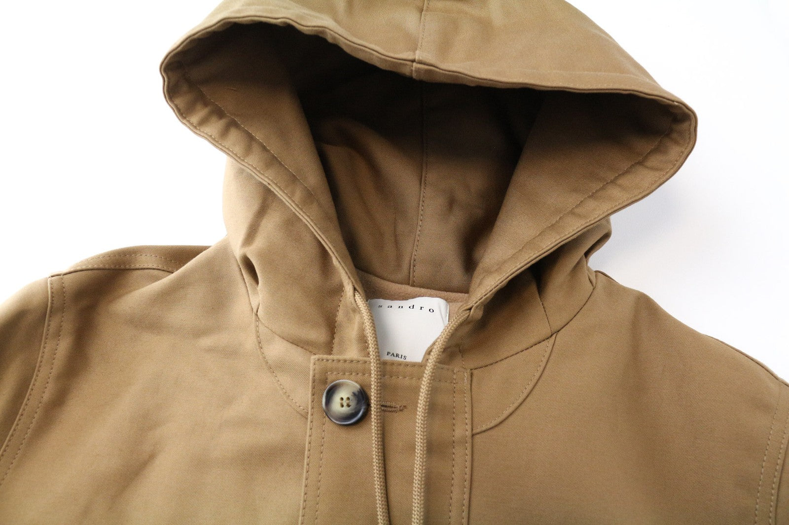 SANDRO Men's Jacket XS Camel Brown Parka Hooded Buttoned Lined Cotton Deck Coat