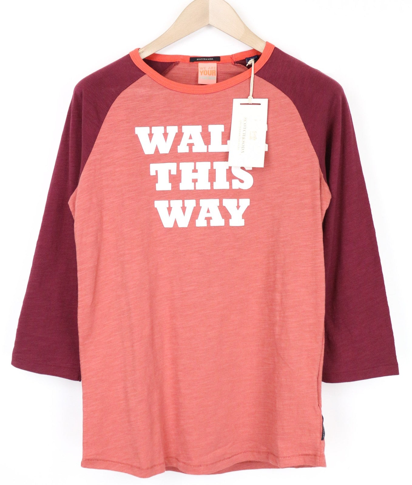 SCOTCH & SODA Men's T-Shirt S Red Melange Graphic 3/4 Sleeve Cotton Crew Neck