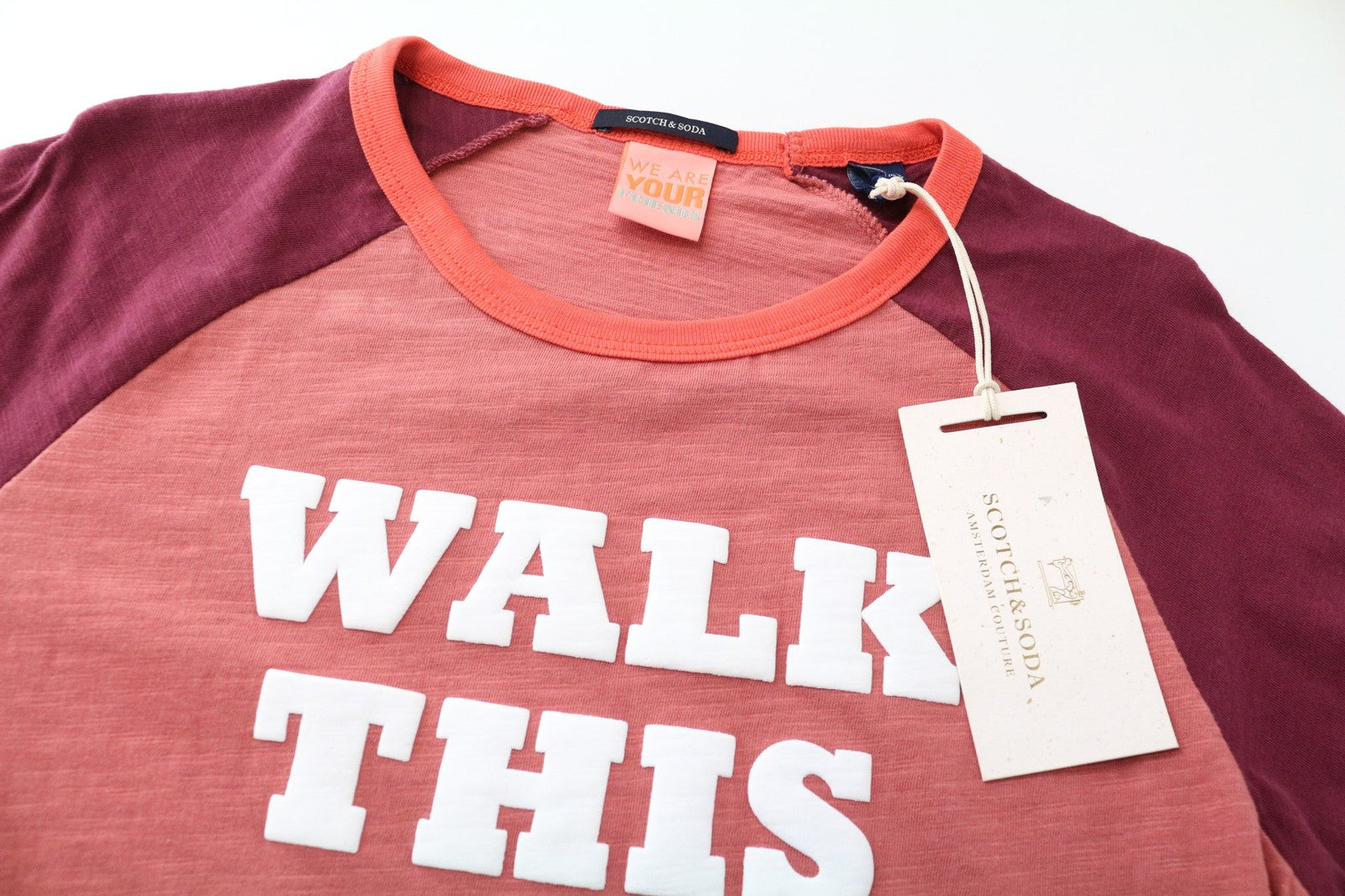 SCOTCH & SODA Men's T-Shirt S Red Melange Graphic 3/4 Sleeve Cotton Crew Neck