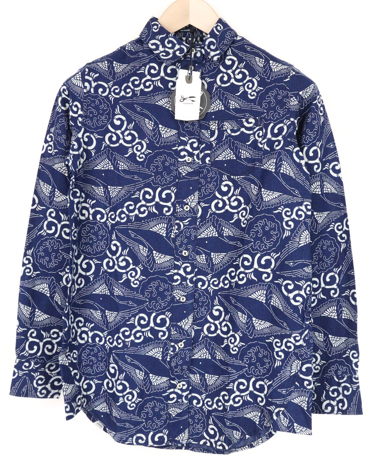 DENHAM Women's Shirt 2XS Blue Cotton Linen Patterned Long Sleeve Button-Up