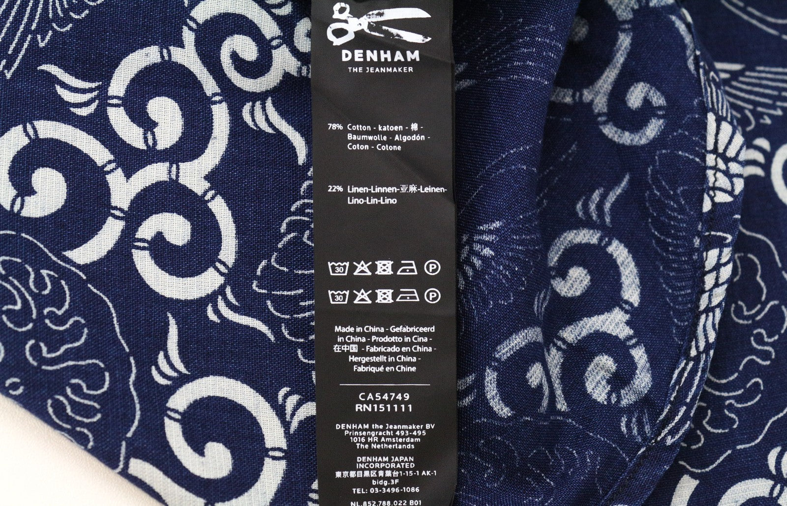 DENHAM Women's Shirt 2XS Blue Cotton Linen Patterned Long Sleeve Button-Up