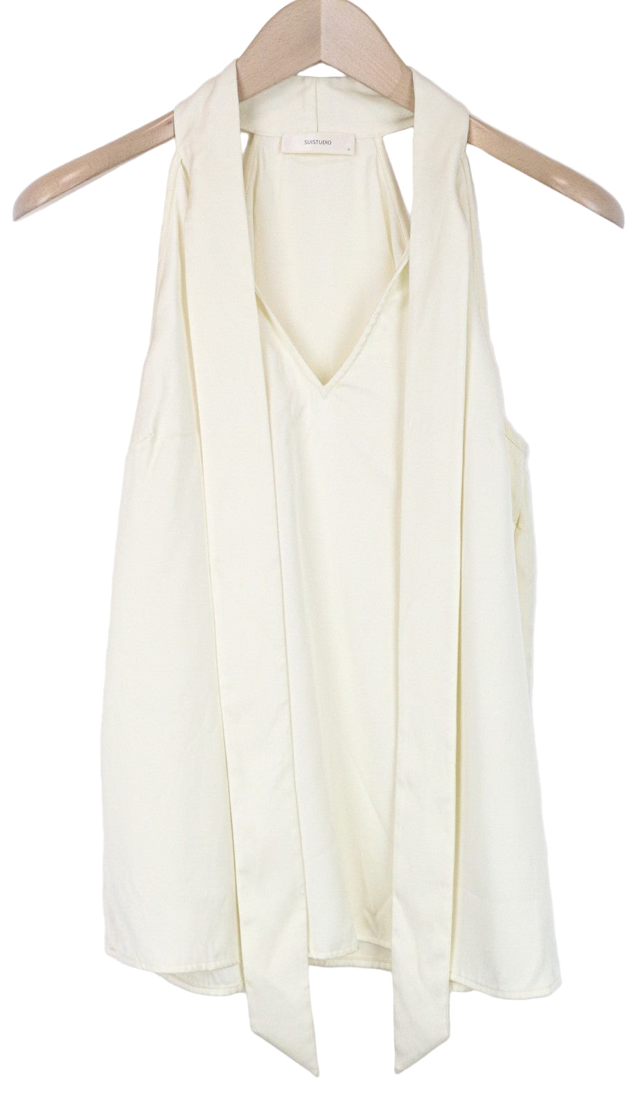 SUISTUDIO Alaska Women's Top UK8 Cream Silk Blend Slim Split Neck Tie Blouse