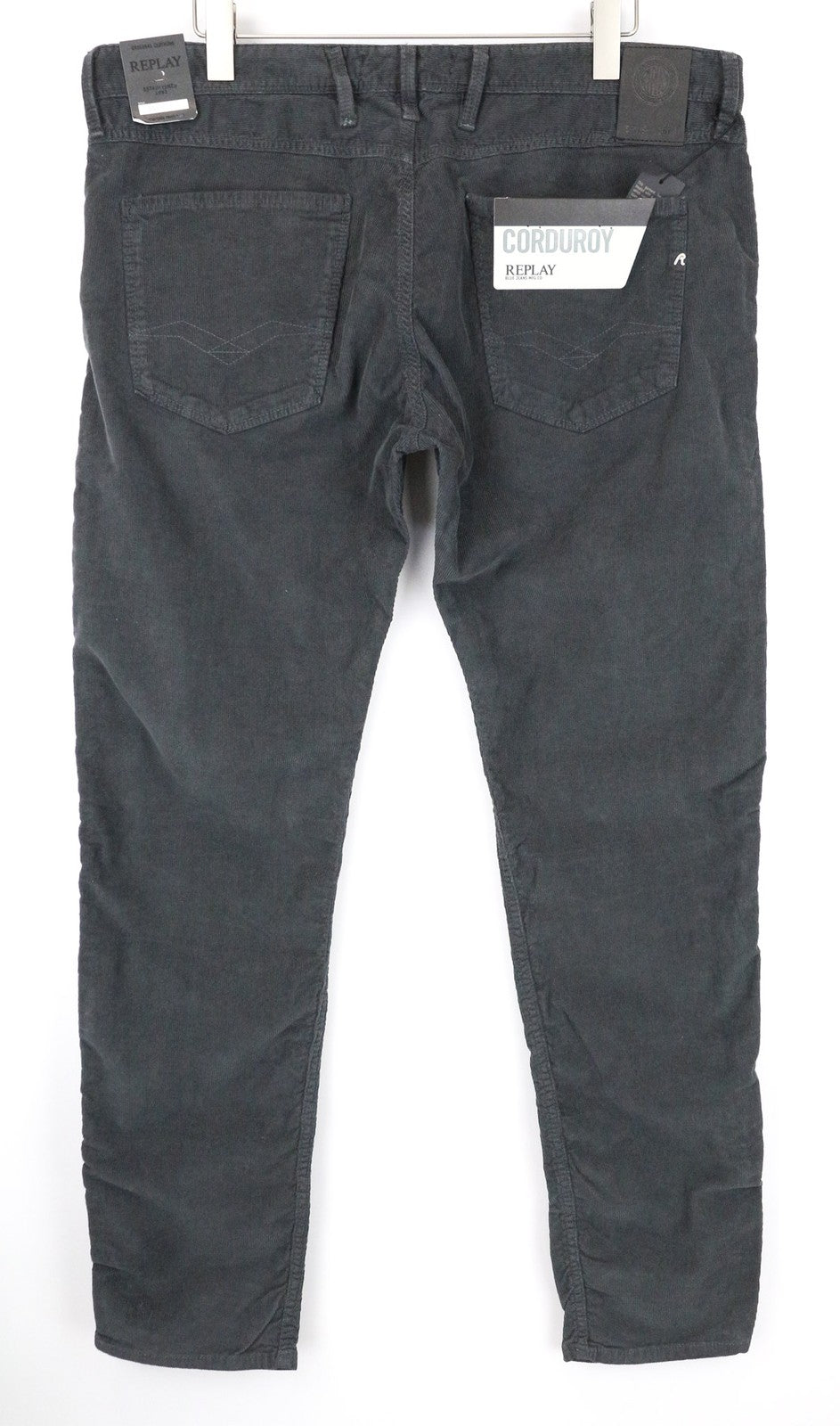 REPLAY Anbass Men's W38/L34 Grey Corduroy Slim Cotton Stretch Casual Trousers