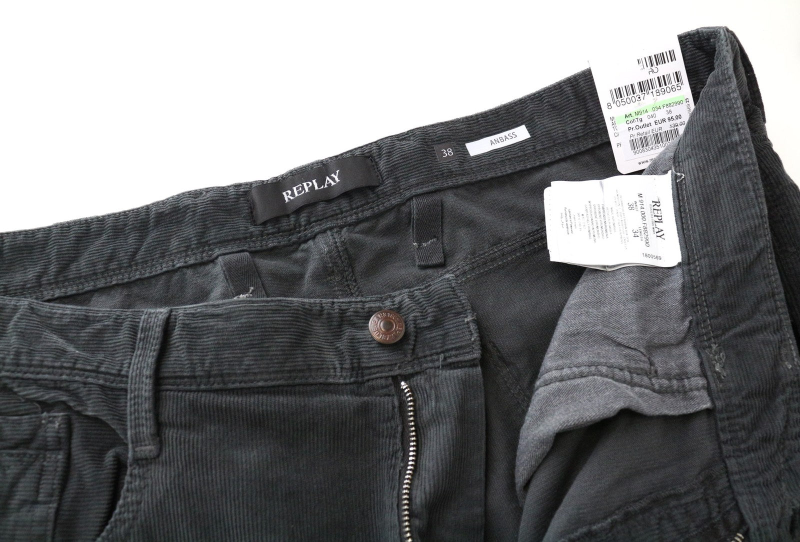 REPLAY Anbass Men's W38/L34 Grey Corduroy Slim Cotton Stretch Casual Trousers